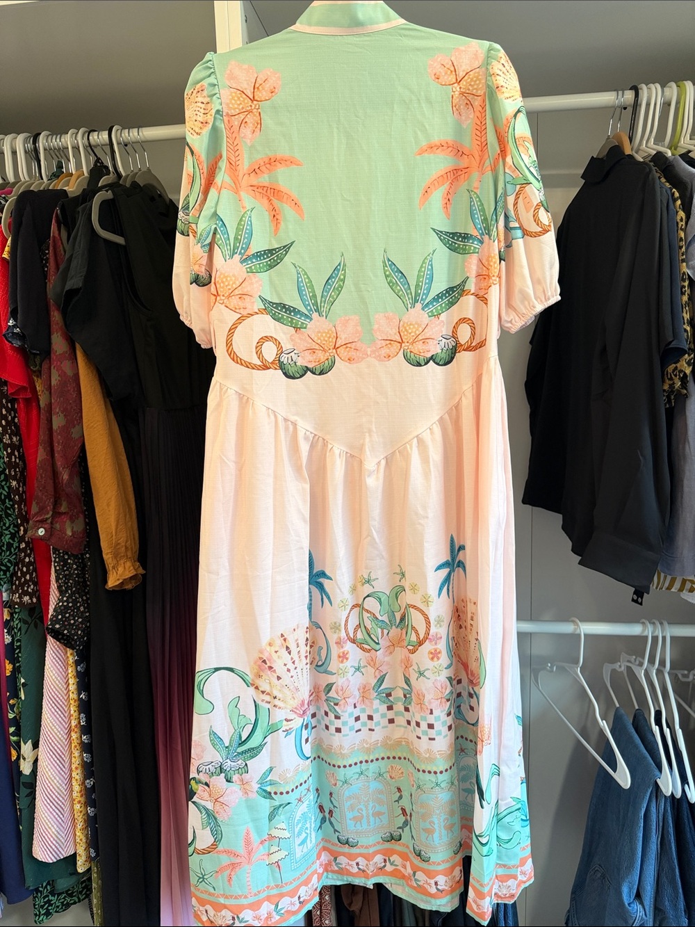 Peach Midi Dress with Mint and Coral Border - Picture 2 of 7